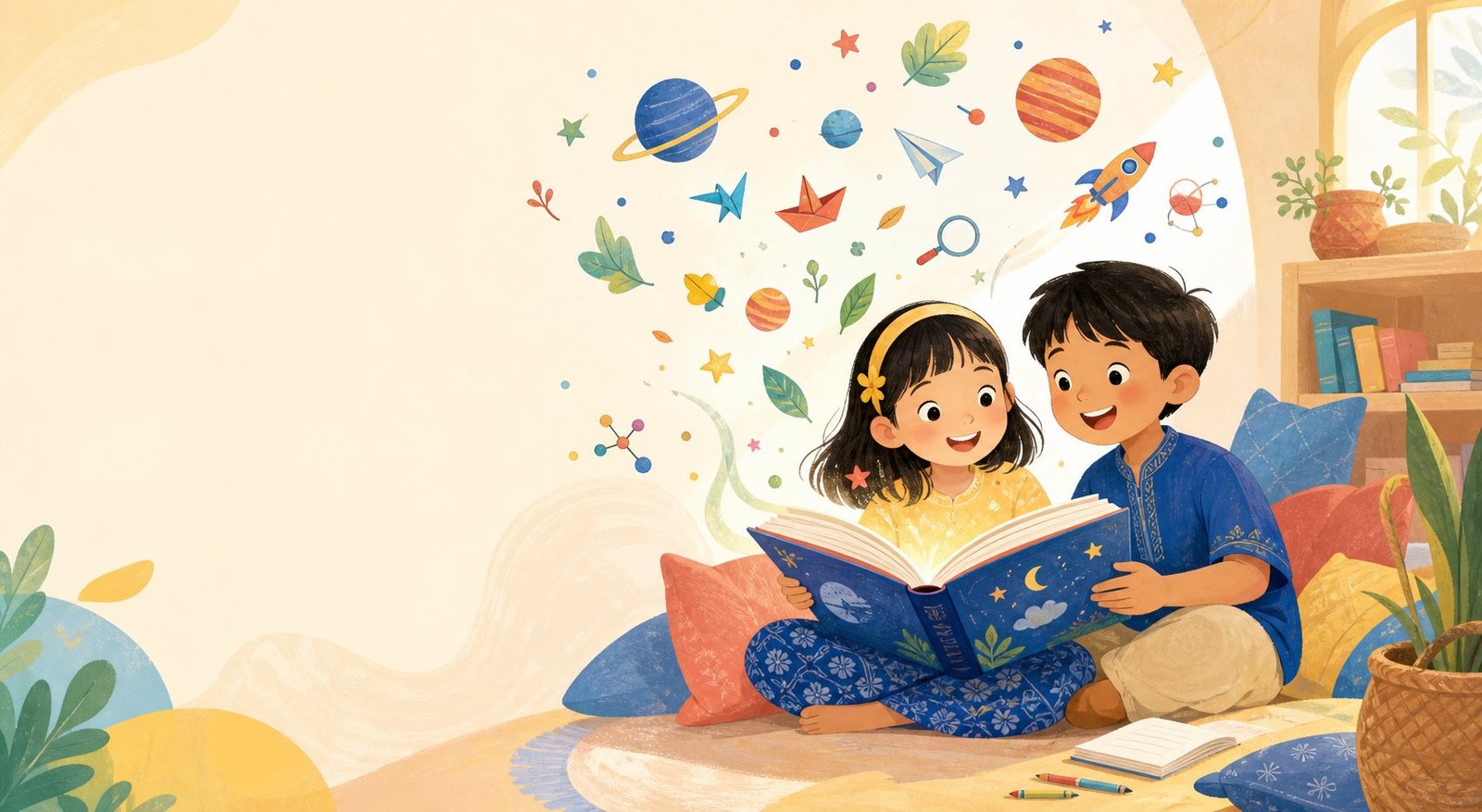 Anak-anak membaca buku penuh imajinasi